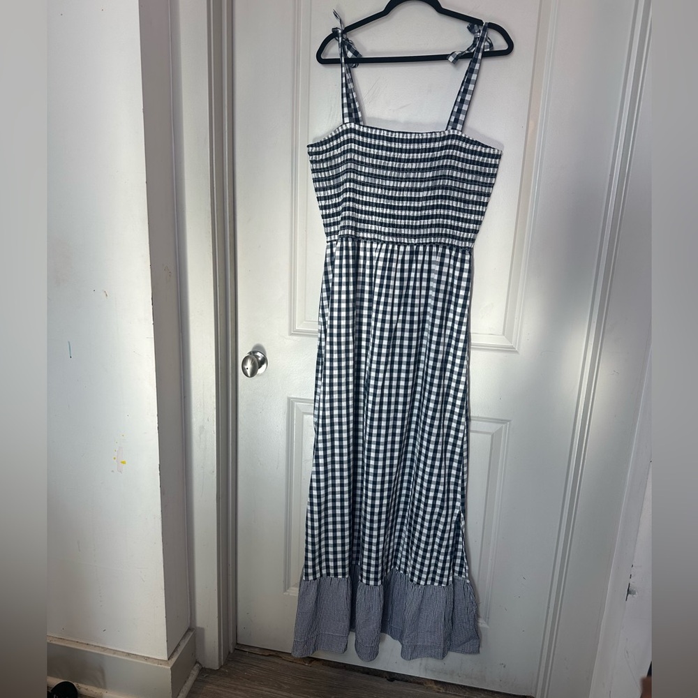 Amalli Talli Blue/White Gingham Check Cotton Smocked Front Maxi Tall Dress, XL - Picture 4 of 11